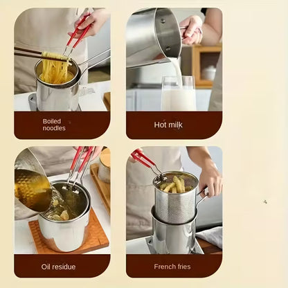 Friteuse en acier inoxydable avec panier.